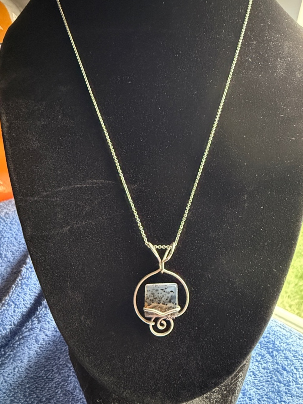 Wire Wrapped Montana Moss Agate Pendant On A 18” Inch Stirling Silver Chain